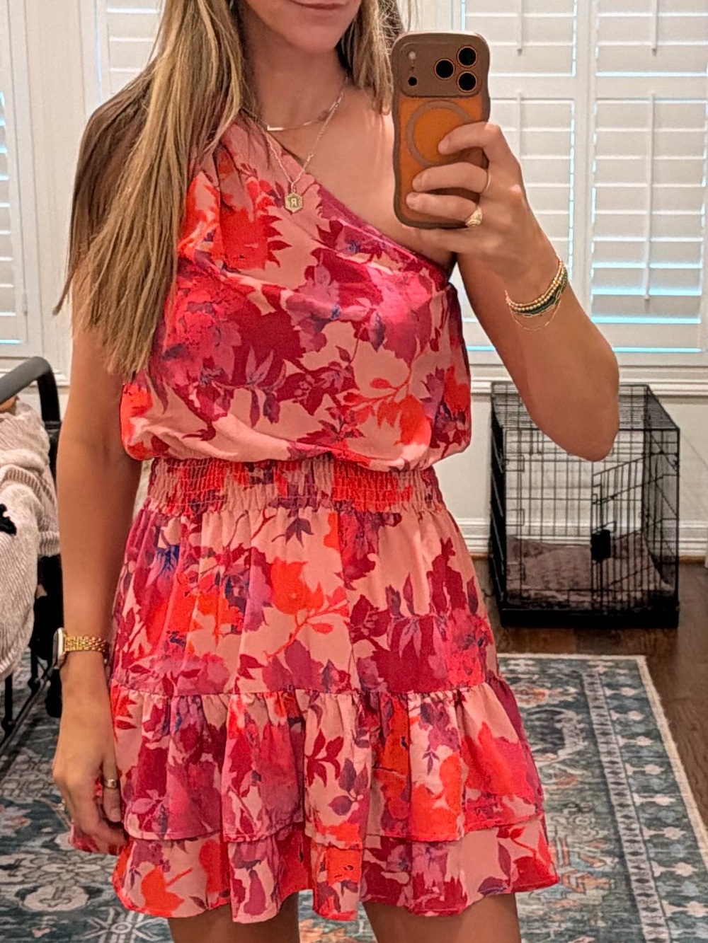 entro One-Shoulder Floral Mini Dress in Pink and Orange - Picture 9 of 9